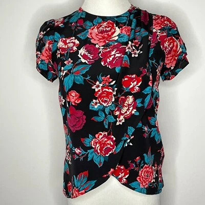 YaYa Aflalo Seda Floral Top Manga Acampanada Cruzado Frontal Foto 1 de 4