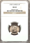1949 South Africa 6 Pence NGC MS 65, Key Date, Only 1 Finer @ NGC 