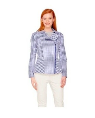 Nuevo Isaac Mizrahi Live! Chaqueta de moto talla 2 Gingham Peplum tinta azul QVC 1231 Foto 1 de 4