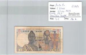 Banknote A.O.F - 5 Francs 28/10/1954 - Kolsky 180 Pick 36 - N°J193 - Last Date - Picture 1 of 2