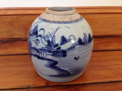 Vintage Antique Chinese Stoneware Qing Ming Blue White Ginger Jar Vase Pot 6" - Image 1 of 4