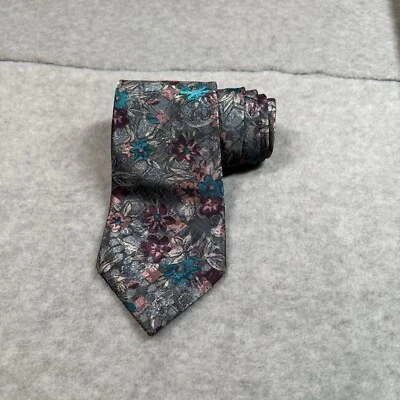 Vintage Botany 500 Textured Floral Tie Gray Teal Pink Polyester Made In USA - Image 1 of 4