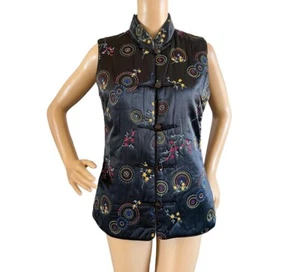Chinese Pure Silk Vest Asian Orient Insulated Floral Embroidered Black Size M US - Picture 1 of 5