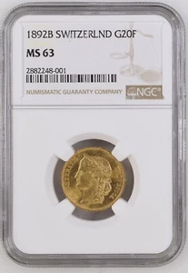 1892B Switzerland Gold 20 Francs KM-31 NGC MS-63 - Picture 1 of 2