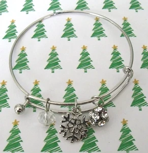 New Expandable Christmas Bangle with snowflake crystal bead rhinestone ball - Picture 1 of 3