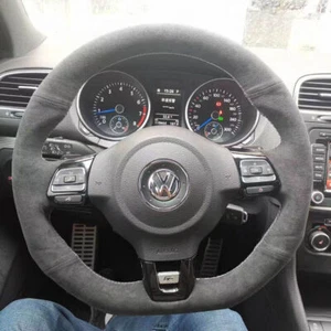 Black Suede Leather Steering Wheel White Thread Stitch-on Wrap For VW Golf MK6 - Picture 1 of 8