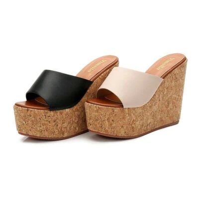 Women High Cork Wedge Summer Sandals High Heels Platform Shoes Slipper Comfy - Image 1 of 4