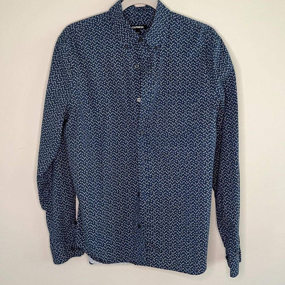 Express Men's Long Sleeved Blue Paisley Print Dress Shirt - Medium Foto 1 de 4