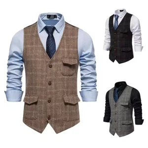 Retro Wool Check Men's Suits Vest Formal Business Wedding Groom Waistcoats - Picture 1 of 8