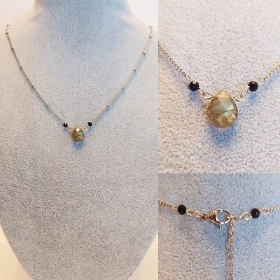 Collana Da Donna Con Goccia In Pietra Labradorite In Acciaio Fatta A Mano - Immagine 1 di 4