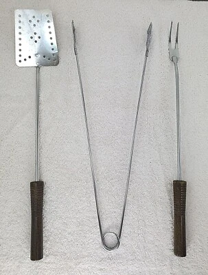 3 utensílios vintage para churrasqueira/churrasqueira de cabo extra longo EKCO - Espátula -Tongas - Garfo - Imagem 1 de 4