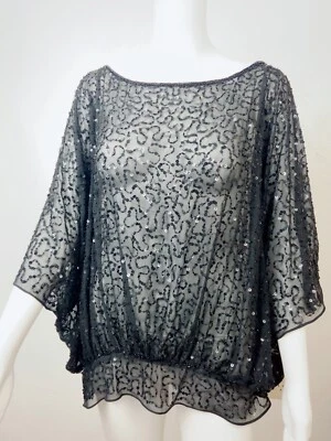 Top Aidan Mattox Cuello Barco Negro Cuentas Transparentes Estilo Cuadrado Talla XL Foto 1 de 4