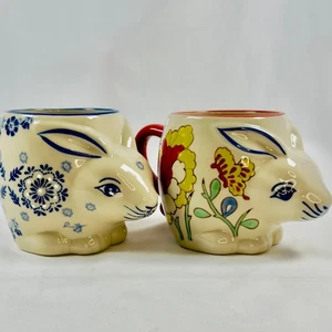 Large Rabbit Mugs 2 Floral 3D Handpainted Miyabi Yokohama New w/ Tags CUTE UNIQ - Picture 1 of 10