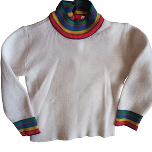2T Vintage 60's White Knit Sweater Rainbow Striped Collar & Cuffs Renro Italy - Picture 1 of 7