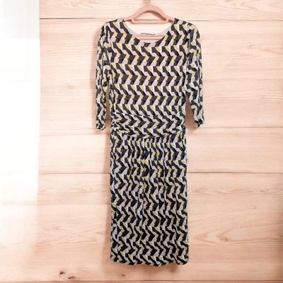 Boden Womens Dress Sz 10 Long Geometric Print Midi Ruched Waist Mod Retro Artsy - Image 1 of 4
