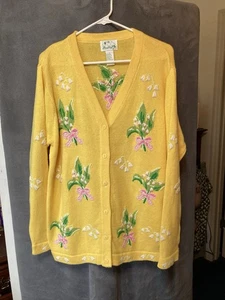 Quacker Factory Women's Embroidered Floral Sweater Sz L Yellow Cottagecore - Picture 1 of 13