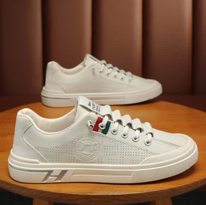Breathable Hollowed-Out Casual Men’s Sneakers, Soft Leather Sole , White/Beige - Picture 1 of 10
