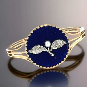 Estate Victorian Diamond , Natural Pearl , Blue Enamel Victorian 14K Gold Bangle - Picture 1 of 5