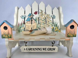 Miniature Bench "A Gardening We Grow" and Garden of Weeden’ White Glove Rake 4” - Picture 1 of 5