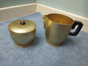 Hammered Creamer Pitcher (plastic handle) and Sugar Bowl - Brass / Gold Colored - Picture 1 of 4