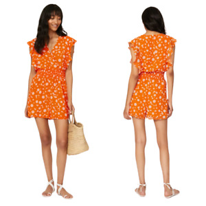 Slate & Willow Romper Dress Floral Ruched Mini Ruffle Orange White XL