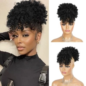 Natural Afro Puff Kinky Curly Hair Ponytail Extension w/ Bangs Hair Ponytail USA - Picture 1 of 12