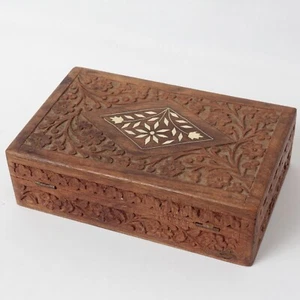 ROSEWOOD JEWELLERY TRINKET BOX HAND CARVED SHELL INLAY INDIA c.1970 20cm L - Picture 1 of 9