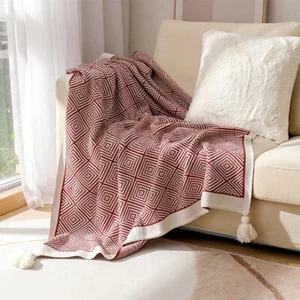 Red and White Modern Diamond Knit Throw Blanket with Tassels – 50" x 60" - Picture 1 of 4