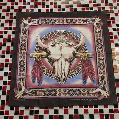 VTG 80's ~ WAMCRAFT Bandana CATTLE SKULL Southwestern Native Tribal Geometric - Image 1 of 4