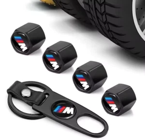 METAL TYRE WHEEL VALVE DUST CAP WRENCH & ANTI-THEFT KEYRING SET FOR BMW M SPORT - Picture 1 of 5
