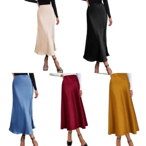 Womens Elegant Solid Color High Waist A Line Flowy Ruffle Satins Midi Long Skirt - Picture 1 of 28