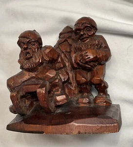 Wood Hand Carving of two Gnomes / Old Men one on sled - Germany? - Bild 1 von 7