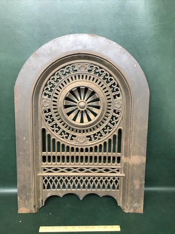 Fine  Arched ORNATE ANTIQUE CAST IRON FIREPLACE COVER VENT 28” X 20.5” ~Shell Cover