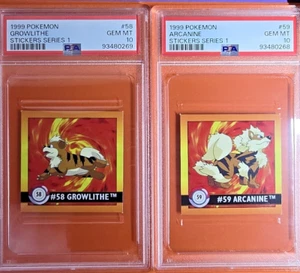 PSA 10 GEM MINT 1999 Pokemon Growlithe and Arcanine Stickers Series 1 #58 & #59 - Picture 1 of 2