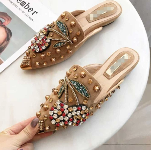 Sandalias planas de diamantes de imitación para mujer Sandalias con punta Mocasines sin cordones Zapatos de mula Foto 1 de 4