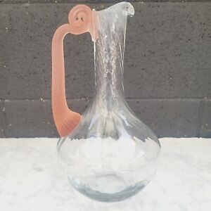 Vintage Polish Crystal Wine Carafe Decanter Pitcher Pink Frosted Swirl Handle