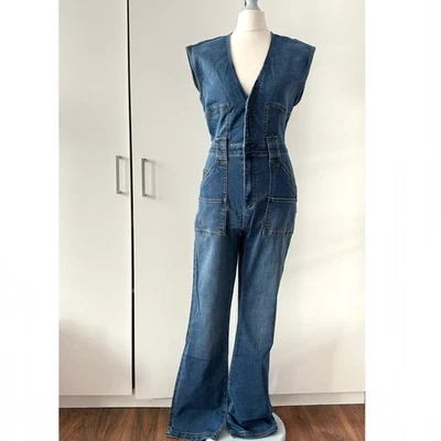 Macacão jeans Free People Crvy Hyde Park EUA 2 Reino Unido 6 RRP £148 azul sem mangas - Imagem 1 de 4