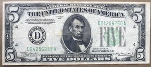 1934 $5 FRN ~ CLEVELAND  DGS ~ NO MOTTO ~VF+~ FREE SHIPPING ~ SN# D 2425  6255 A - Picture 1 of 3