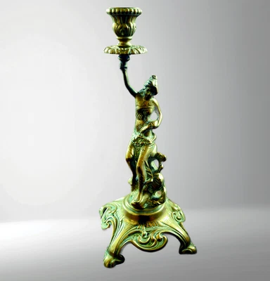 Antique Brass Lady Candlestick 12" Rococo Style Ornate Candle Holder c1900 - Image 1 of 4