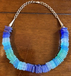 Stunning Vintage Handmade Bright Blue Green Squares Sea Glass Choker Necklace - Picture 1 of 6