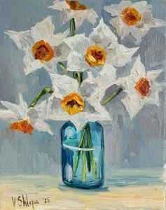 Blühende Blumen Narzissen Gemälde Original Öl Impressionismus signiert Kunst 8 x 10 Zoll - Bild 1 von 7