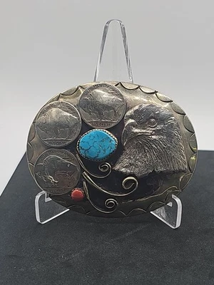 Squaw Wrap Native American Belt Buckle Turquoise Coral Eagle Nickel Silver RARE - Image 1 of 3