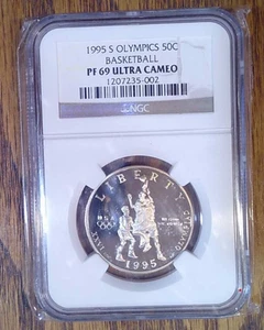 1995-S Proof Clad 50 Cent Basketball Commemorative NGC PF69 Ultra Cameo (002) - Picture 1 of 2