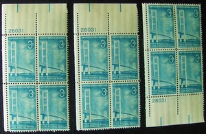 3 matching plate blocks of US 3c Stamp Scott #1109, Mackinac Bridge MNH 1958 - Picture 1 of 1