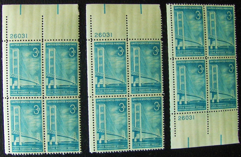 US 3¢ Stamp SC #1109 Mackinac Bridge 3 matching number plate blocks MNH 1958 - Image 1 of 1