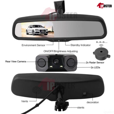 OEM 4.3" Car Rear View Mirror Monitor+HD Parking Radar Sensor Reverse Camera Kit - Image 1 of 4