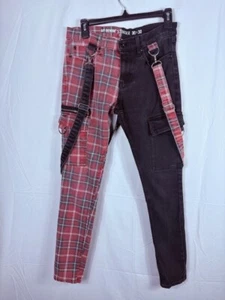 HOT TOPIC 30x30 PLAID PRINT SPLIT LEG ZIPPER POCKETS SUSPENDER PANTS JEANS - Picture 1 of 7
