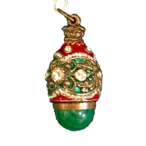 Enamel Rhinestone Egg Pendant Green Stone Leaf Design Around Center Red Amazing - Picture 1 of 7