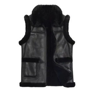 Men's Coffee Black Real Fur Vest Thick Sleeveless Shearling Leather Waistcoat - Picture 1 of 3
