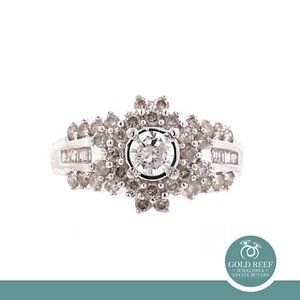 Solitaire Diamond Cocktail Ring With Accents 14K White Gold 1.40 TW Size 9 - Picture 1 of 5